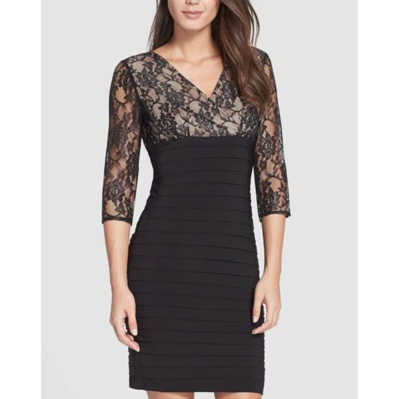 Adrianna Papell Black Lace/ Shutter Pleat Dress Size 12 Evening Wedding Cocktail - Picture 1 of 8